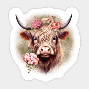 Highland Cow with Pink Flowers Sticker